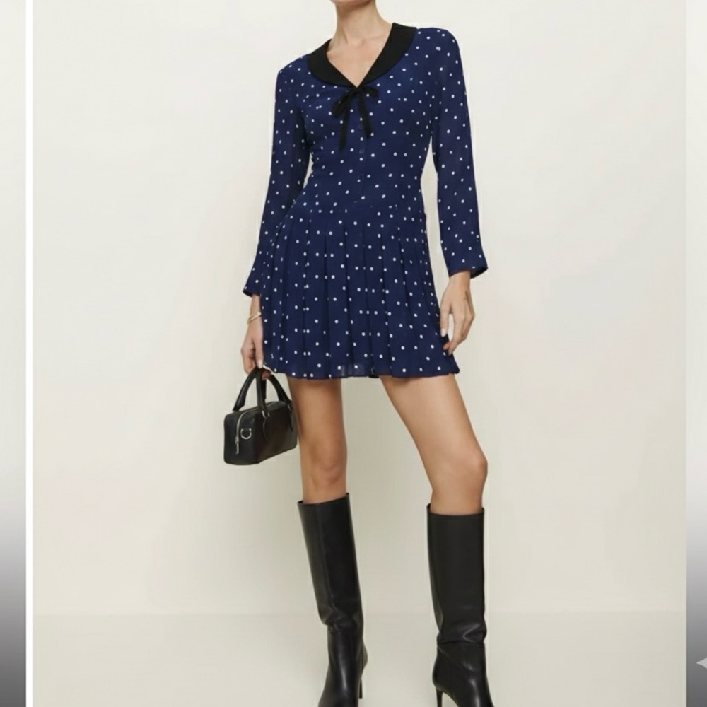 New Reformation Navy Polka Dot Tamia Dress with Black Collar